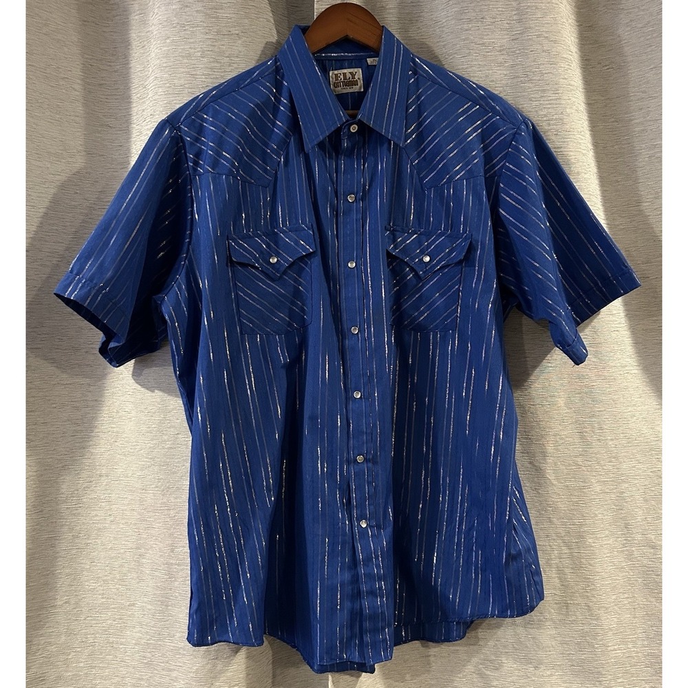 Vtg Ely Cattleman Western Shirt Mens XL Blue Metallic Striped Cowboy Pearl Snap